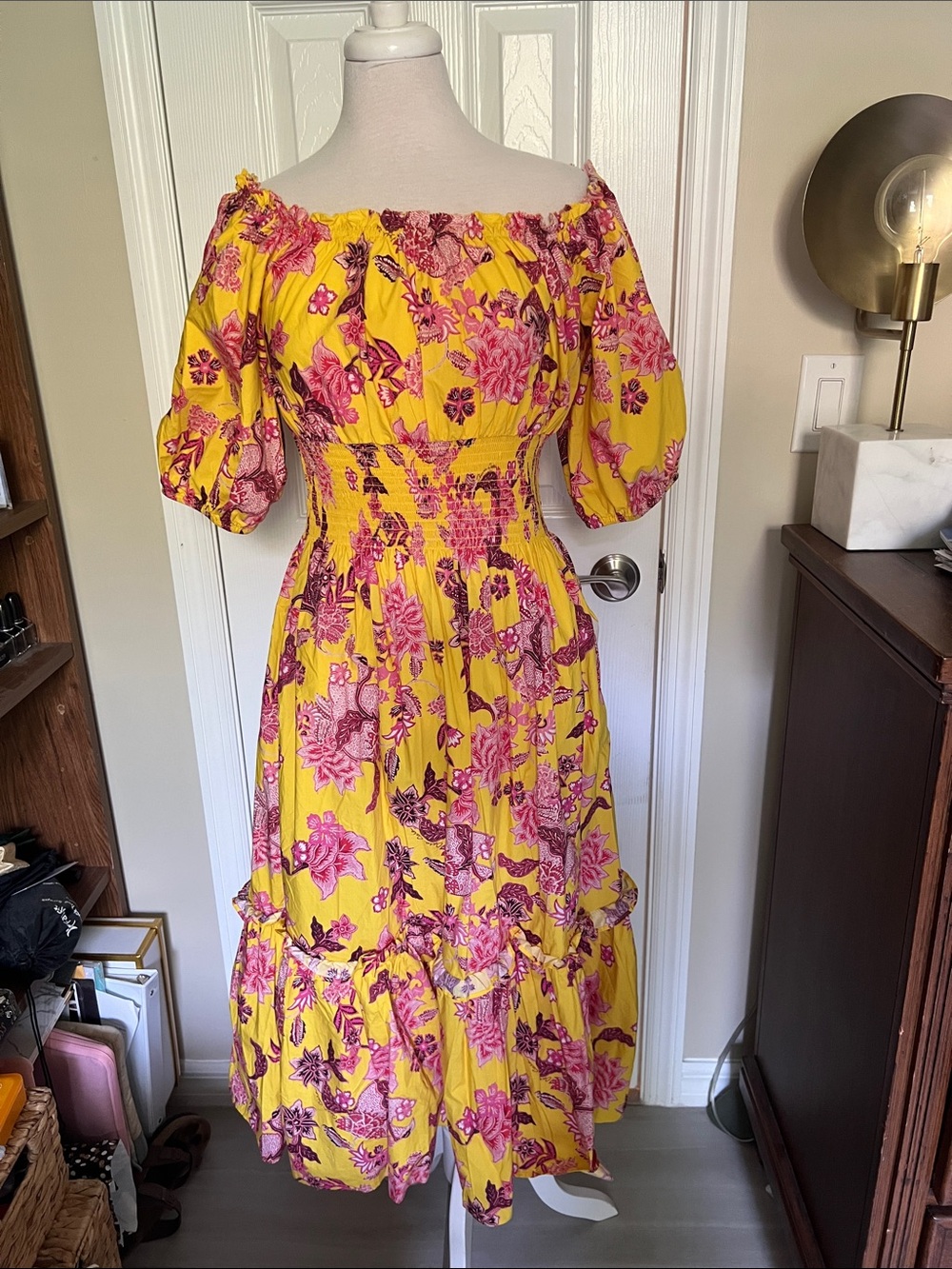 Cara Cara Yellow Mimi Midi Dress with Pink Floral Print